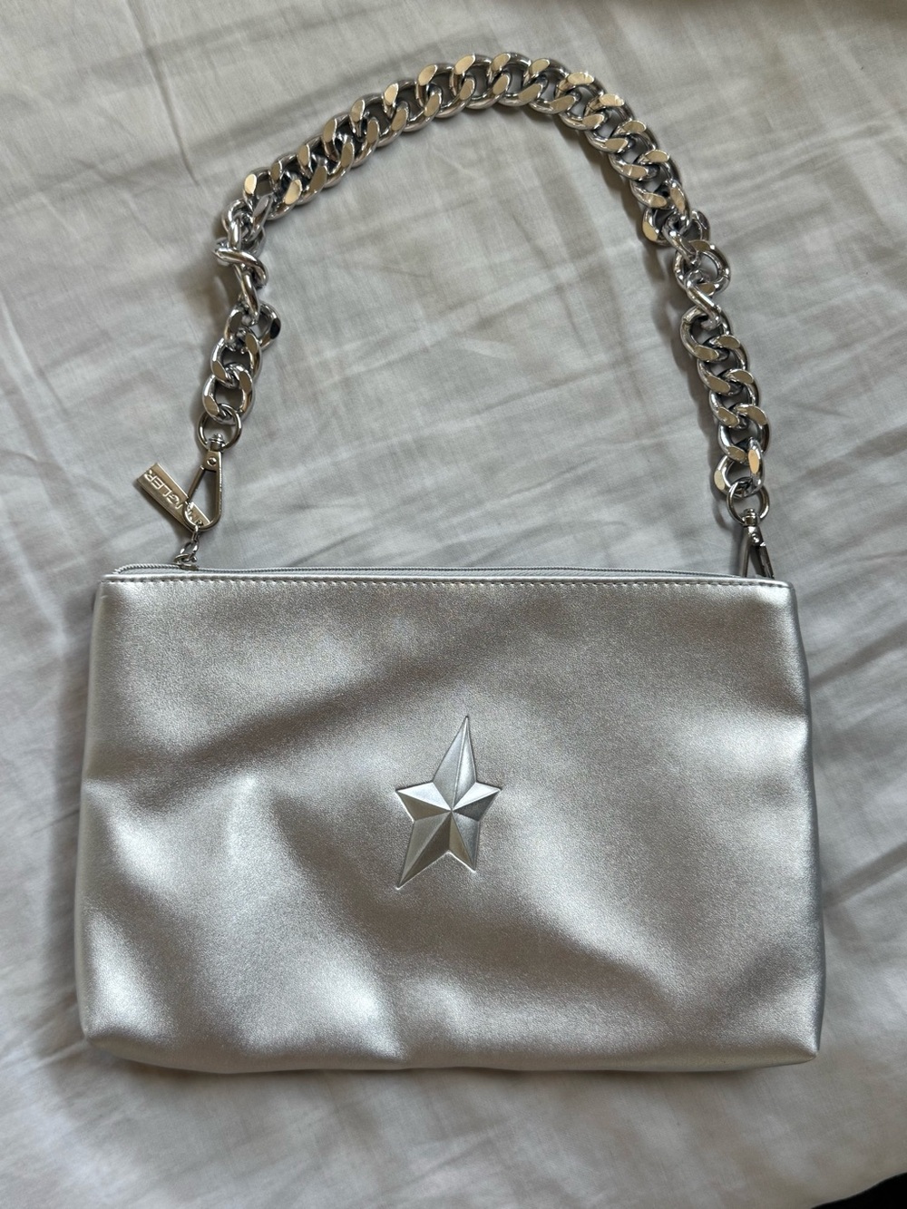 Thierry Mugler Metallic Silver Star-Emblem Shoulder Bag